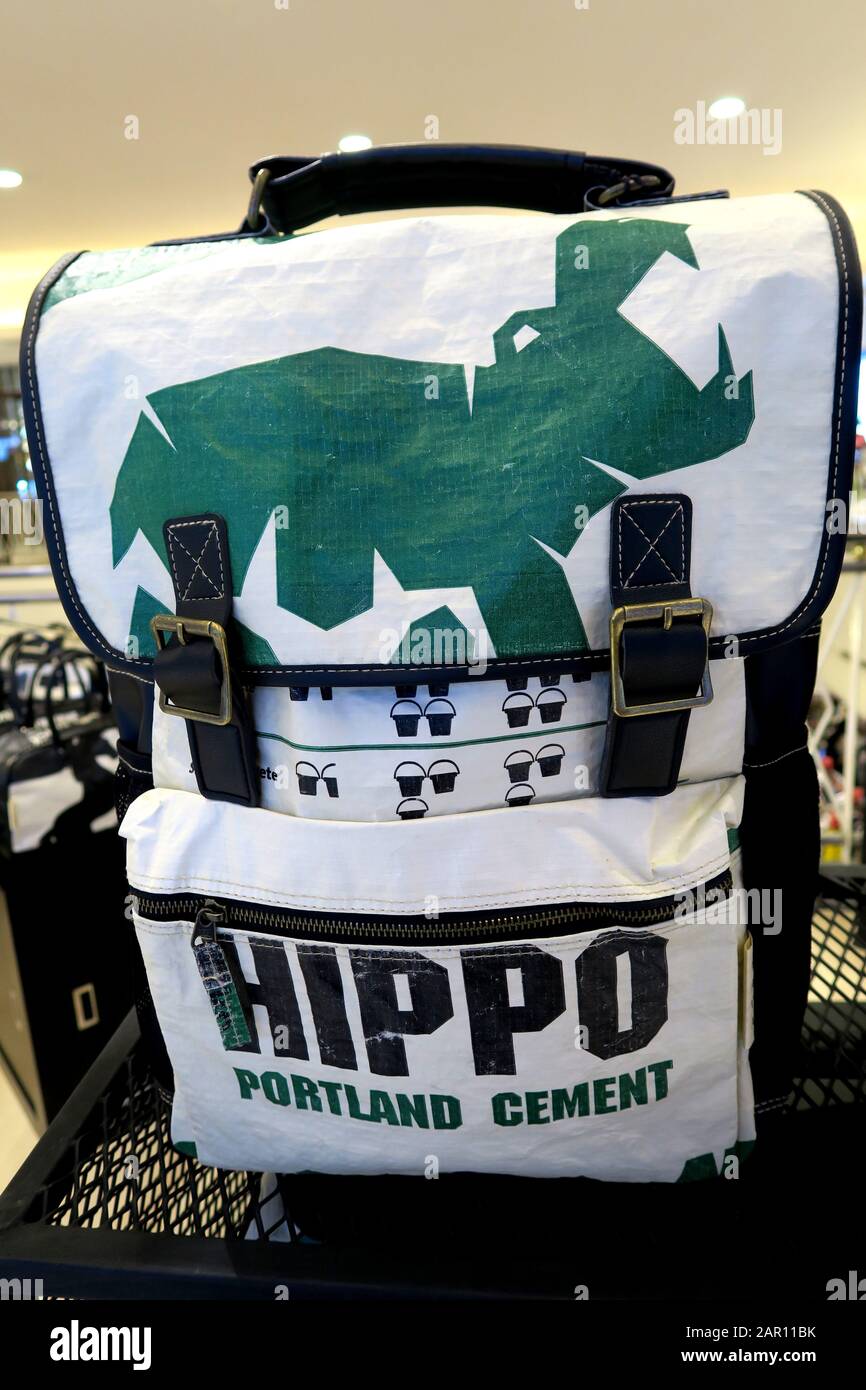 Hippo Brand  by Vava Zero Waste (Thailand)recycled cement bags. Stock Photo