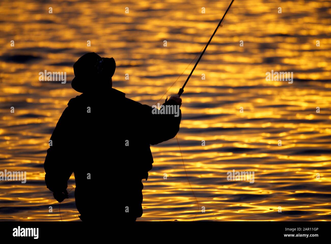 elderly man out fly fishing during golden hour in silhouette against lake with reflecting setting sun in northern ireland uk Stock Photo