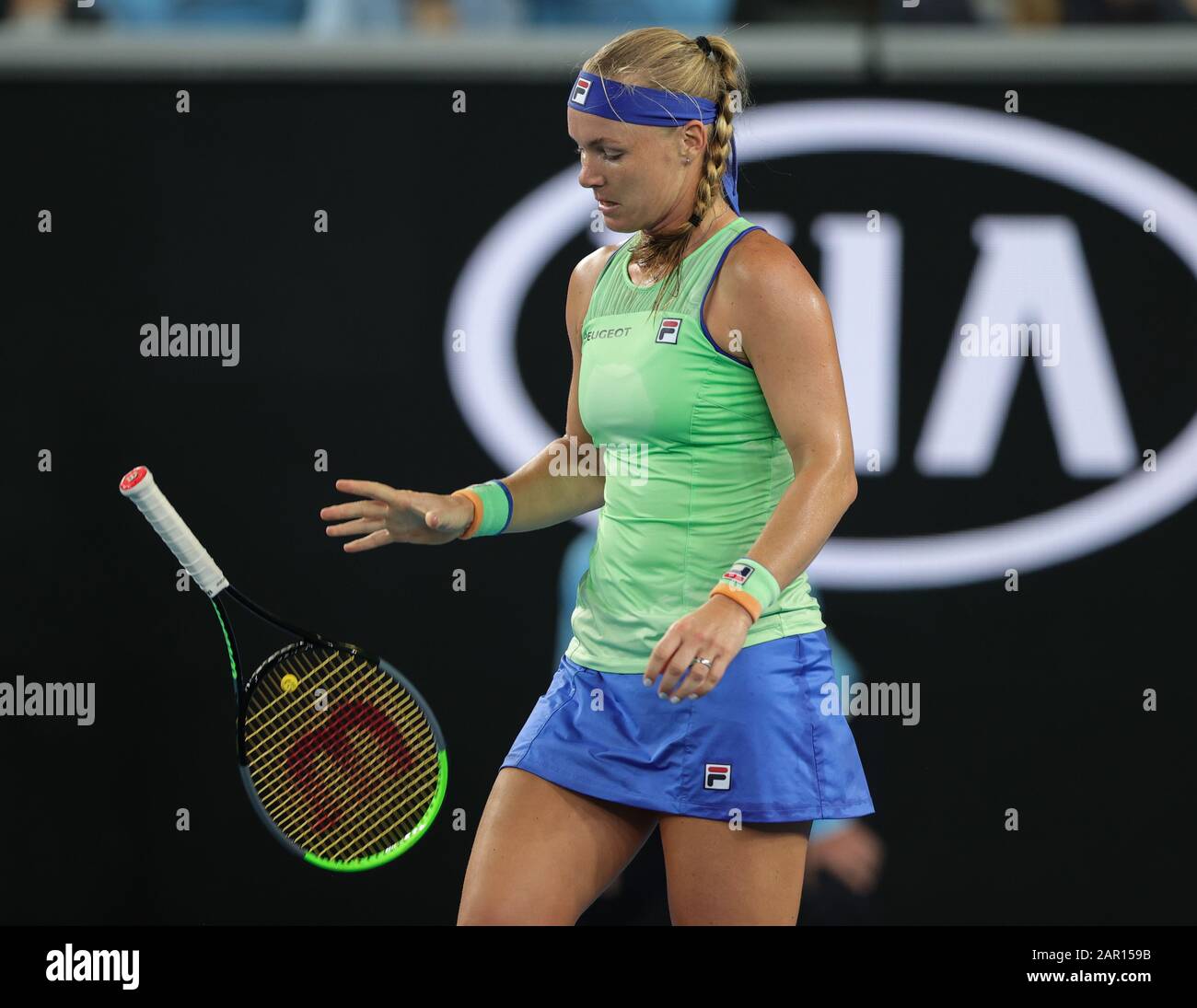 Melbourne, Australia. 25th Jan, 2020. Kiki Bertens of the Netherlands acts  during the women's singles third round match against Zarina Diyas of  Kazakhstan at the 2020 Australian Open tennis tournament in Melbourne,