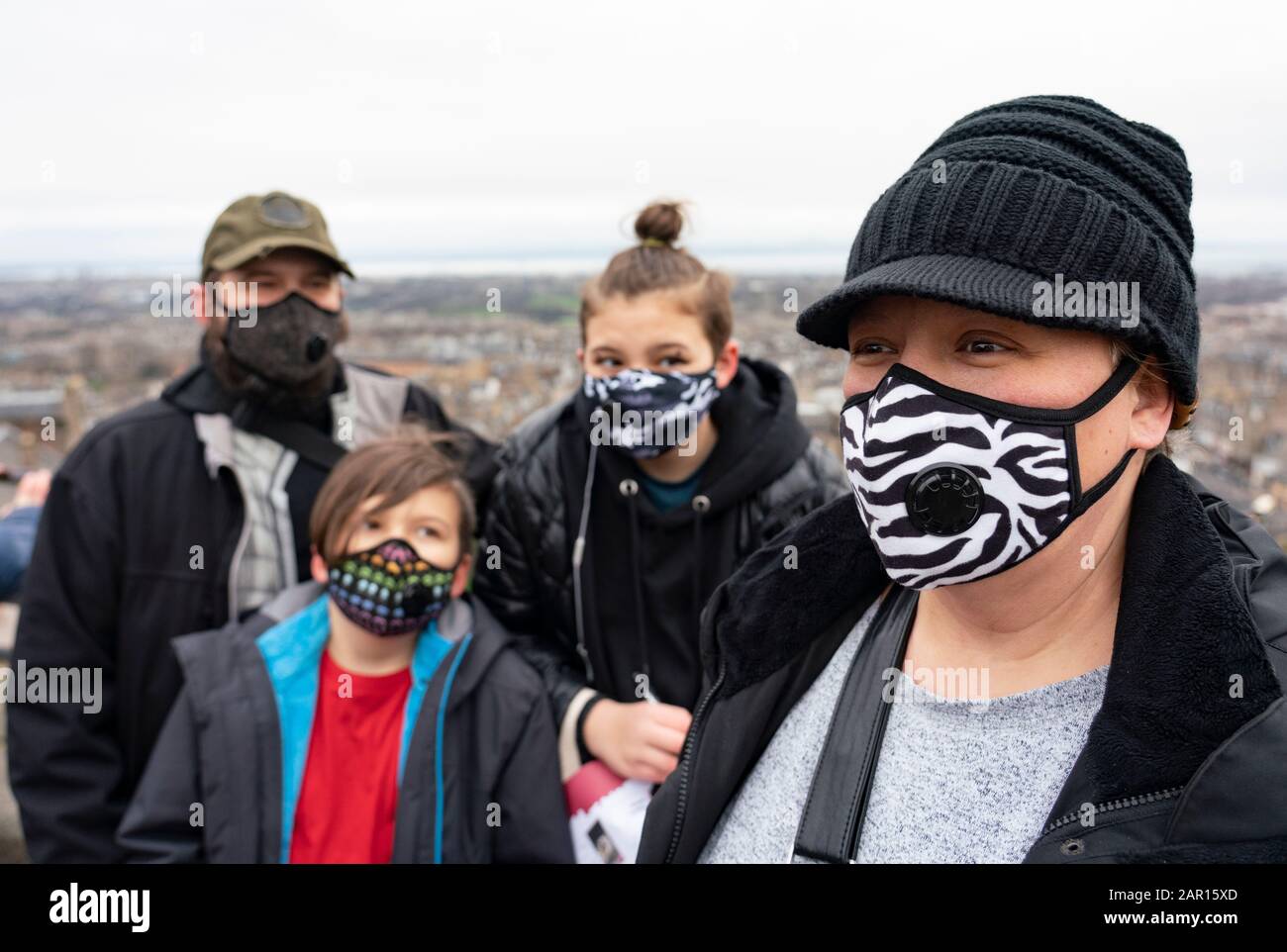 Edinburgh, Scotland, UK. 25 January 2020. American tourists from Missouri wear face masks on visit to Edinburgh Castle today. They want to take extra precautions when in public during to the occurrence of the Coronavirus in Scotland in recent days. Iain Masterton/Alamy Live News Stock Photo