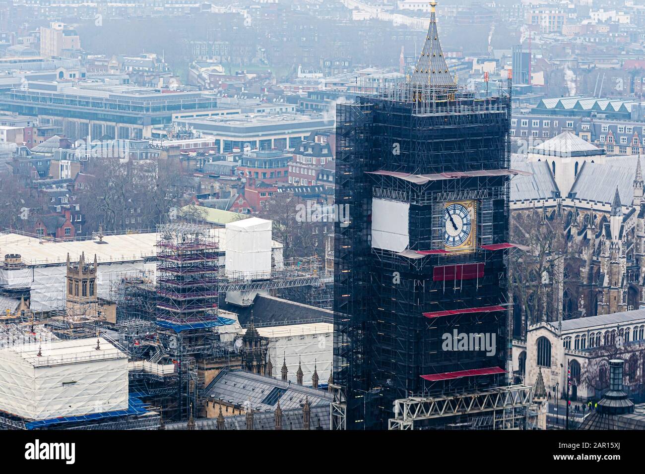 Big Ben clock in London maintenance repairs. Famous clock tower in England under construction