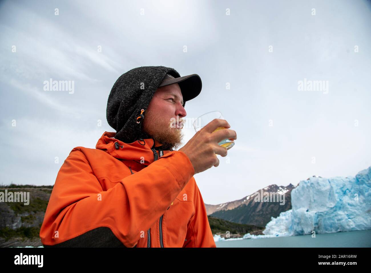 Drinking Whiskey with glacier ice at The Perito Moreno Glacier, El Calafate, Argentina Stock Photo