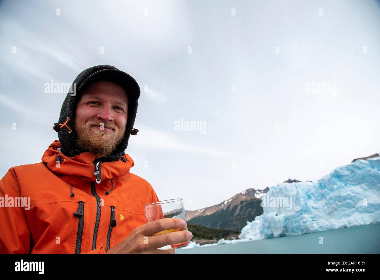 Drinking Whiskey with glacier ice at The Perito Moreno Glacier, El Calafate, Argentina Stock Photo