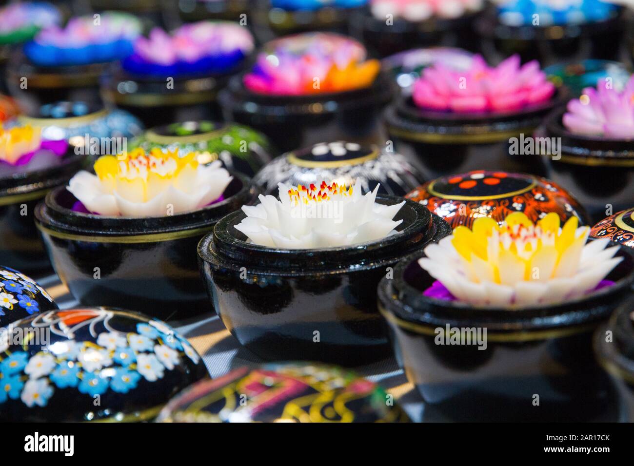 Thailand Handmade carved flower soaps in painted boxes, floral patterns, Chiang Mai Sunday night Market, Stock Photo