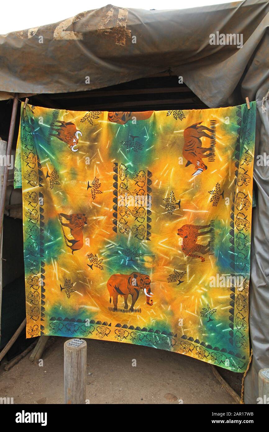 Traditional African textile fabric for sale at Blyde River Canyon, Mpumalanga, South Africa. Stock Photo