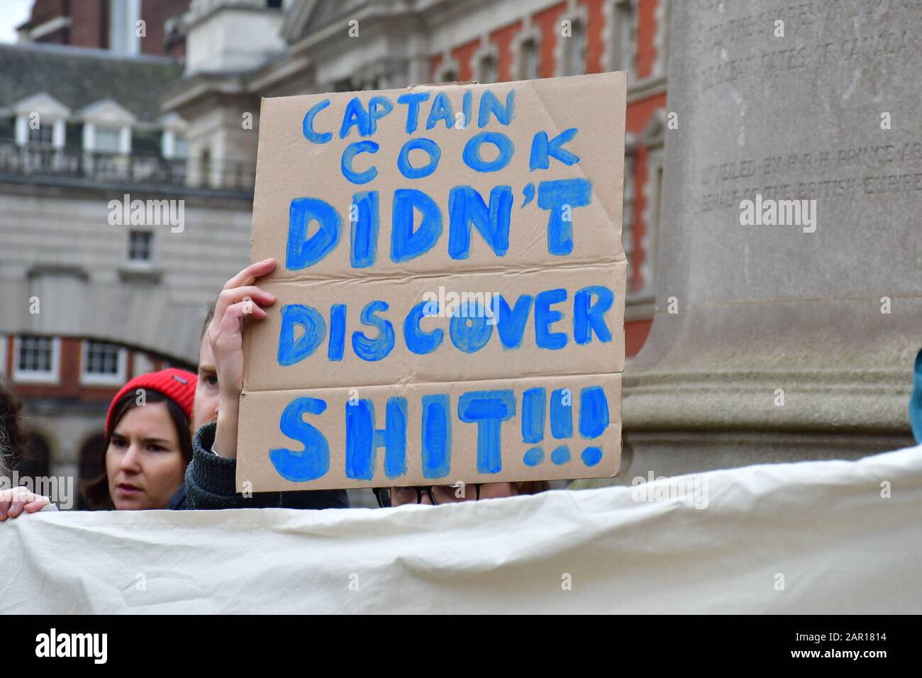 Captain Cook statue, London, UK.  25th January 2020. Activists Protest to Abolish Australia Day, to celebrated the invasion of Australia and the cruel brutality against the Aboriginal people continues through this day at Captain Cook statue on 25th January 2020, in London, UK. Credit: Picture Capital/Alamy Live News Stock Photo