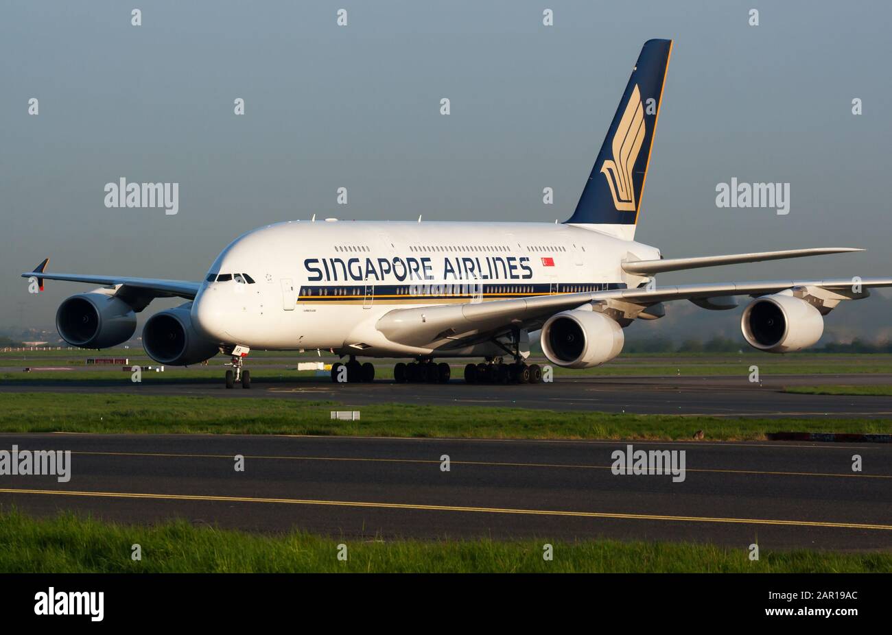 Paris / France April 24, 2015 Singapore Airlines Airbus A380 9VSKB passenger plane arrival