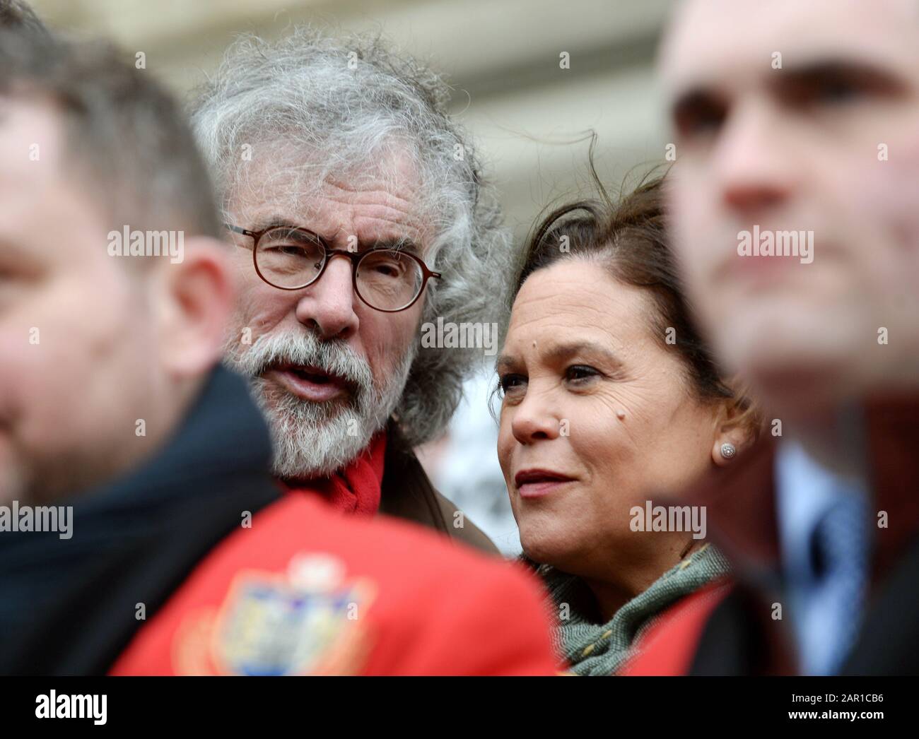 Sinn Fein leader Mary Lou McDonald and former leader Gerry Adams during a rally in Drogheda, Co. Louth, to voice opposition to drug-related violence in the town. Stock Photo