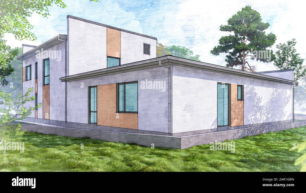 3d illustration of a private residential building in the summer forest. hand drawn architecture. The concept of a modern country villa Stock Photo