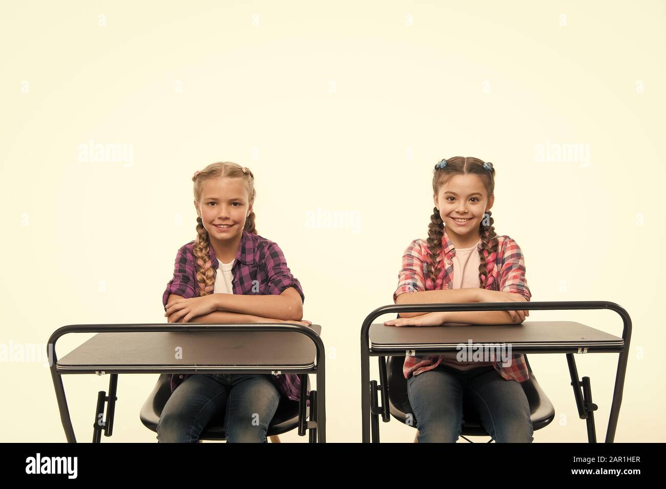 Students Classmates Sit Desk Back To School Private School Concept Individual Schooling Elementary School Education Enjoy Process Of Studying Little Girls School Friends Study Together Stock Photo Alamy