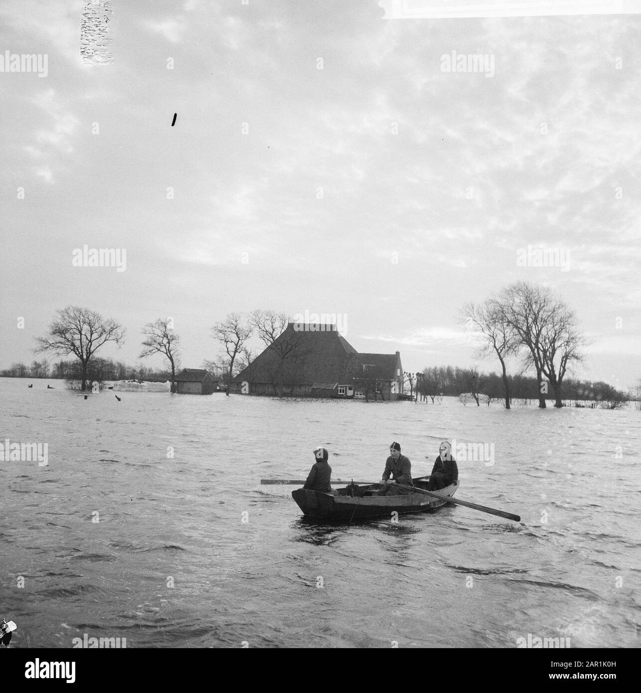 Flood in Friesland, family Oeneman in Alde Ouer near Joure must evacuate; children in a rowing boat on their way to a farm Date: 19 December 1965 Location: Friesland, Joure Keywords: farms, children, floods, rowing boats, waterlogging Stock Photo