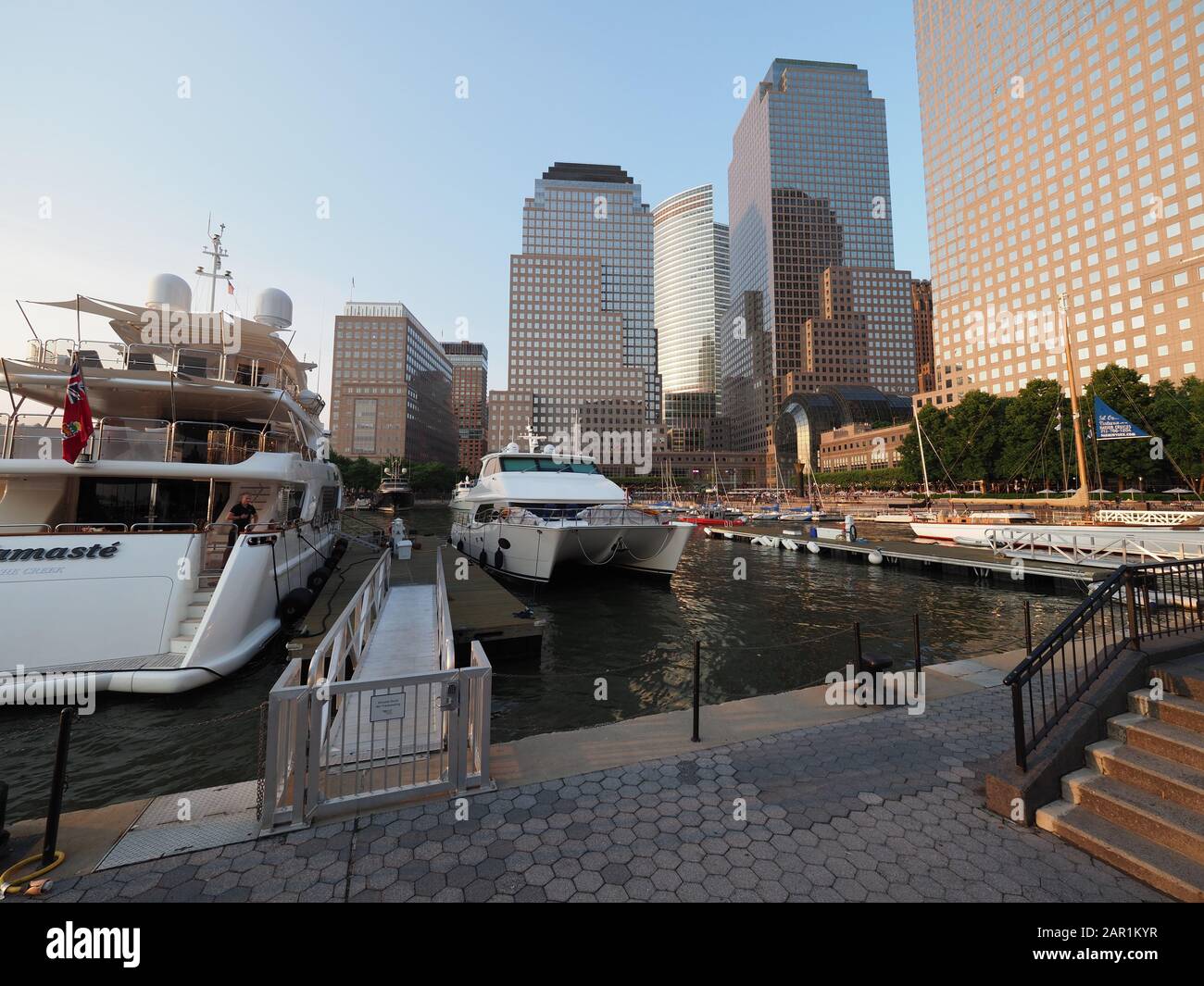 New York, USA May 31, 2019 Daytime image of the North Cove Yacht Harbor and Brookfield Place