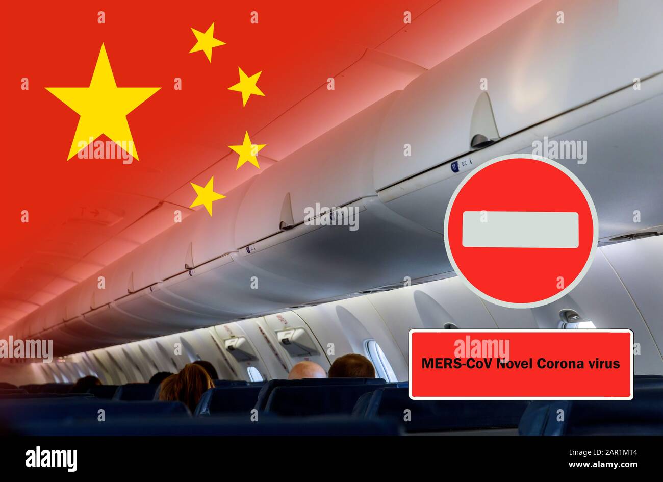 MERS-CoV chinese infection Novel Corona virus passenger airliner cabin, of the aircraft during the flight of tourists flying into a airplane inside in Stock Photo