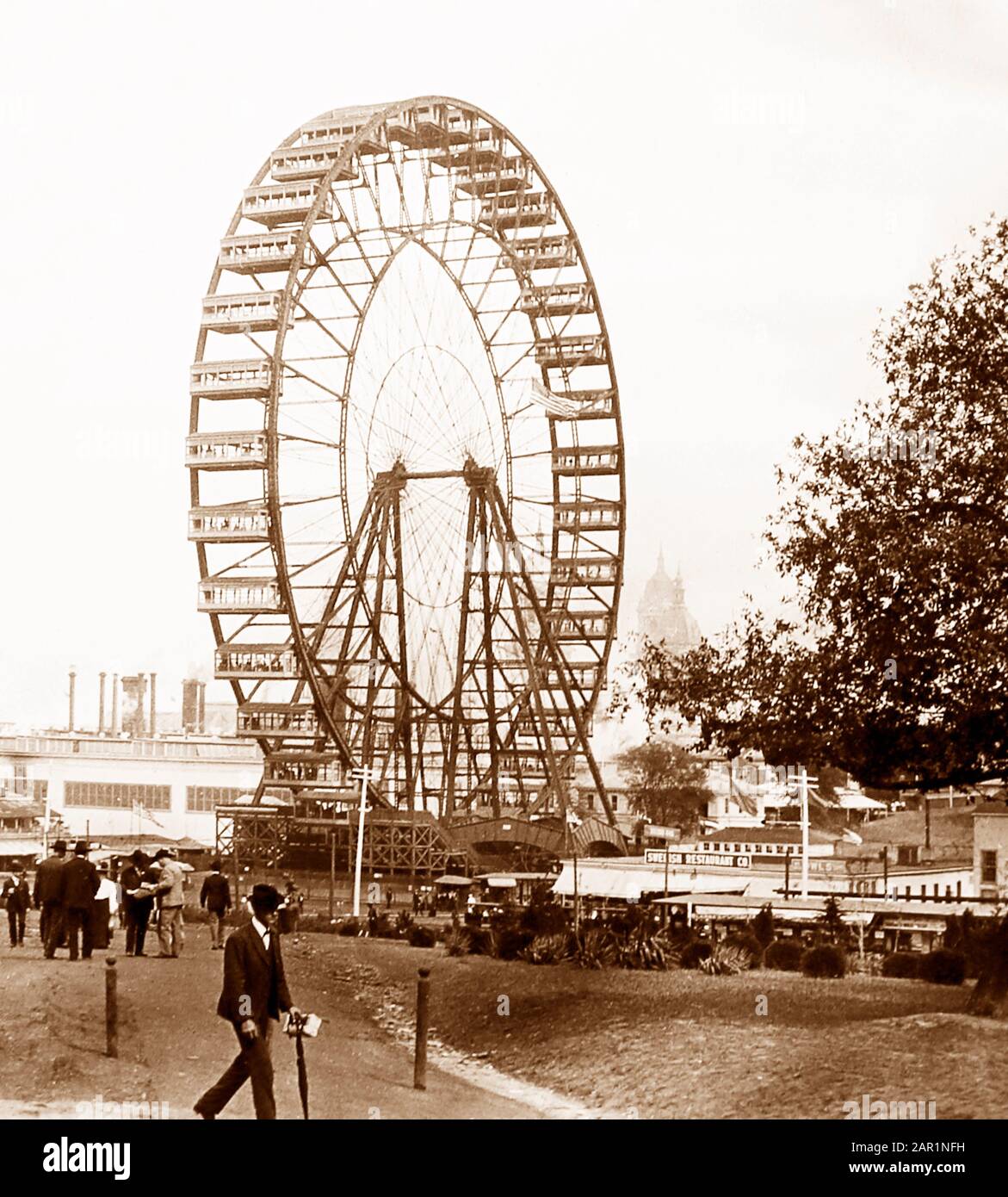 Ferris Wheel and Swedish Restaurant at the St. Louise World's Fair in 1904 Stock Photo
