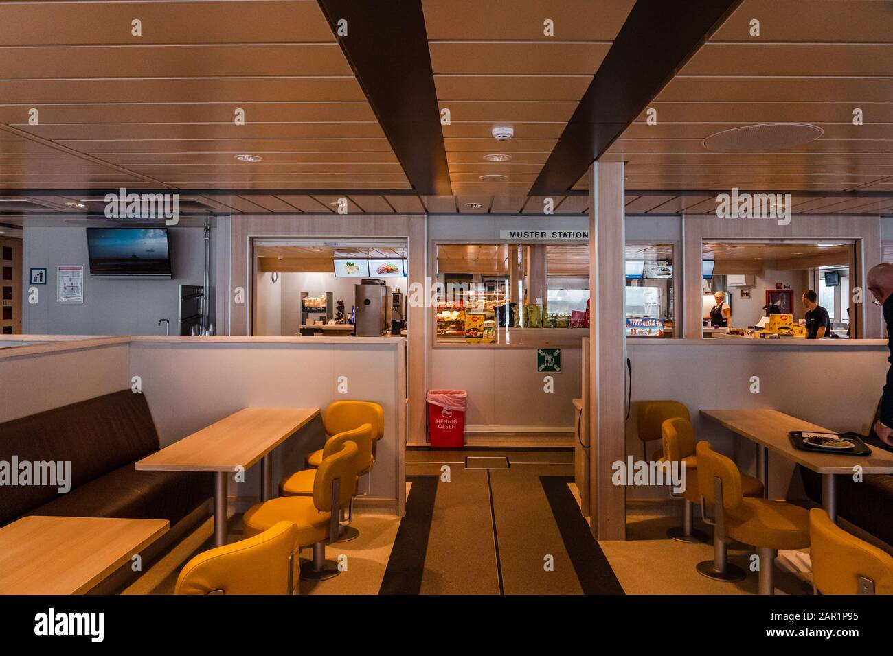 Editorial 09.03.2019 Halhjem Norway, inside one of the car ferries between Halhjem and Sandvikvåg and its cafeteria Stock Photo