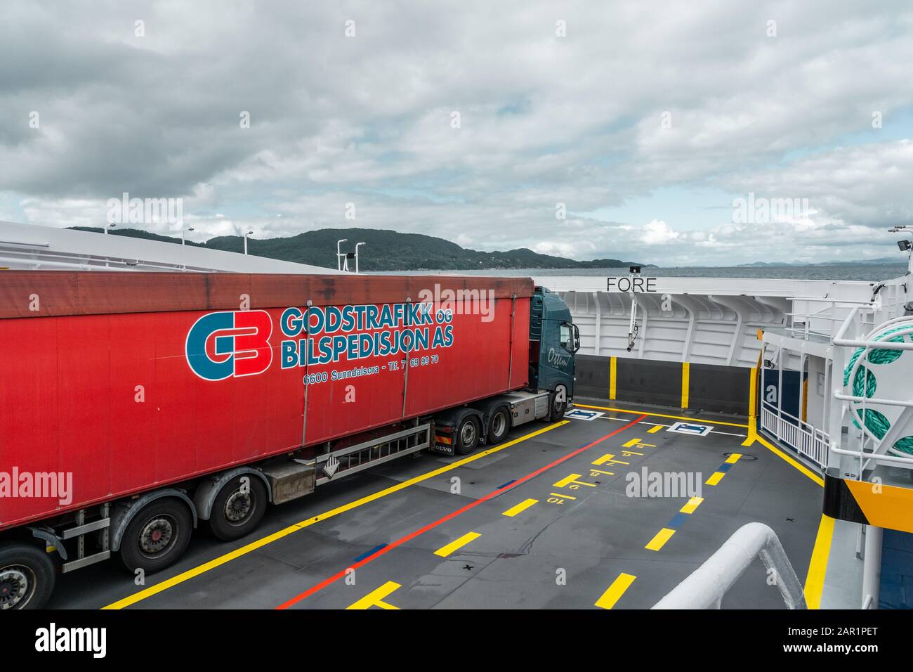 Editorial 09.03.2019 Halhjem Norway, Truck being transported on a car ferry from Halhjem to Sandvikvåg Stock Photo