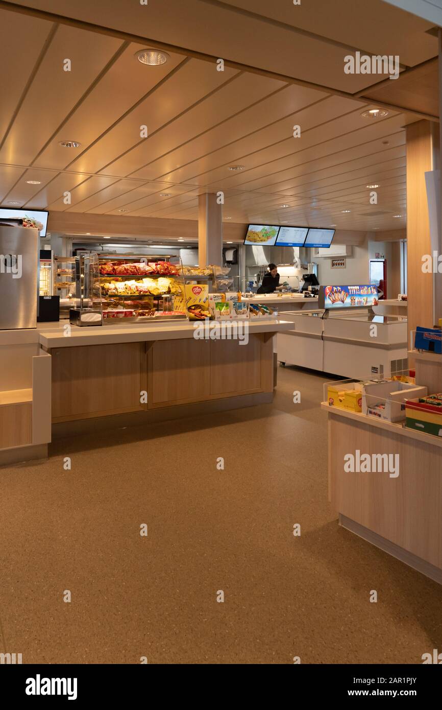 Editorial 09.03.2019 Halhjem Norway, inside one of the car ferries between Halhjem and Sandvikvåg and its cafeteria Stock Photo