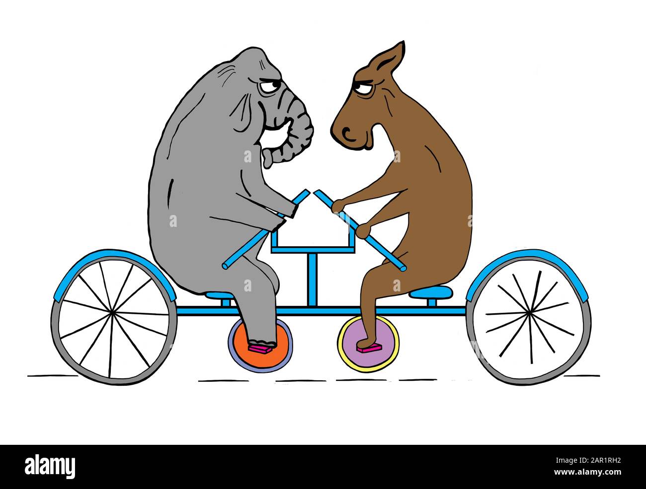 An elephant and a donkey peddle against each other Stock Photo