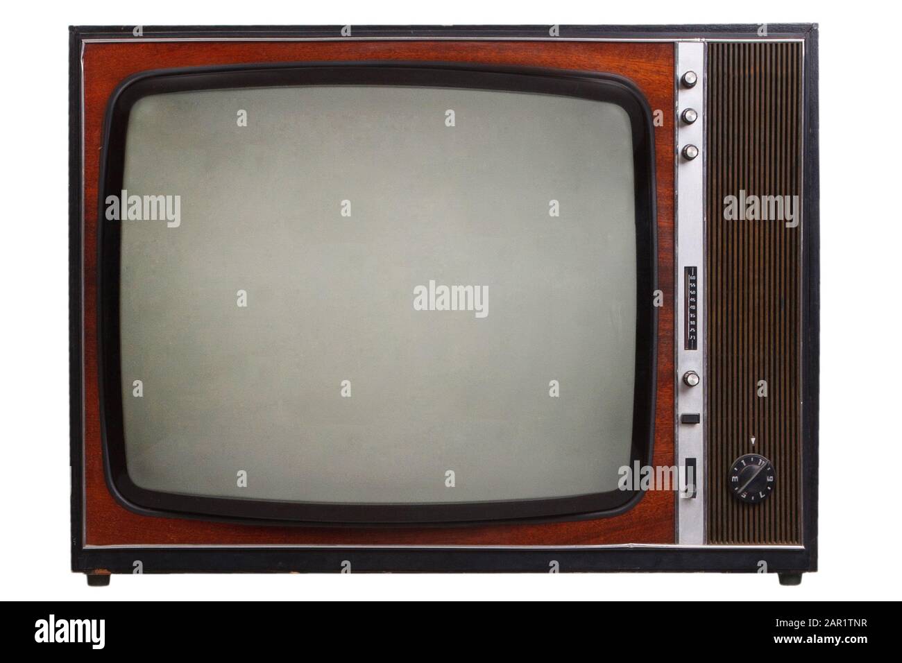 Vintage retro black and white TV isolated on white background Stock Photo