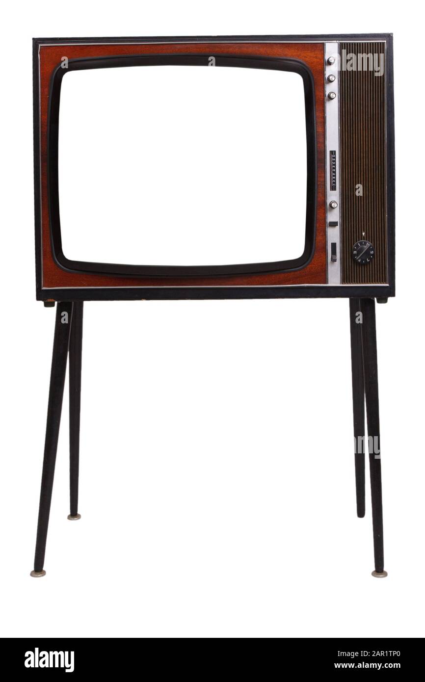 Vintage retro black and white TV with blank white screen isolated on