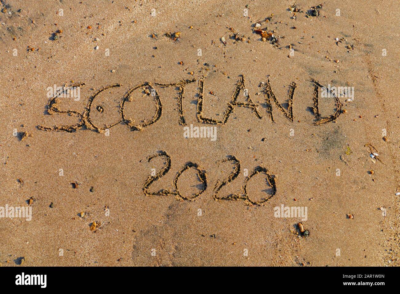 Brexit, Referendum, Scotland 2020 in Sand geschrieben Stock Photo