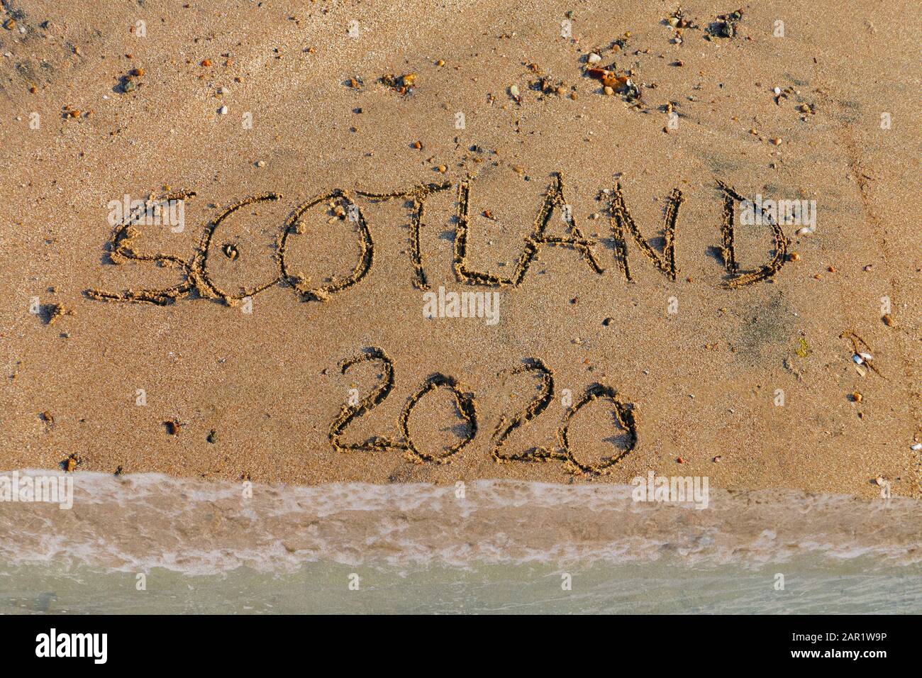 Scotland 2020 in Sand geschrieben , Brexit, Referendum Stock Photo