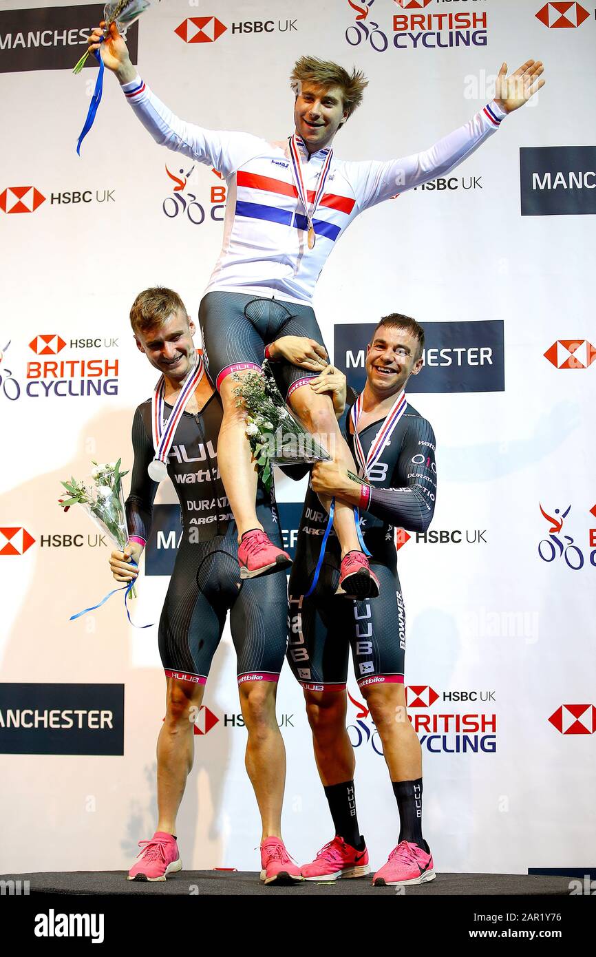 HUUB-Wattbike Test Team rider Jonathan Wale is lifted by team mates Dan  Bigham (left) and Kyle Gordon (right) after winning the Male Kilo TT Final,  during day two of the HSBC UK