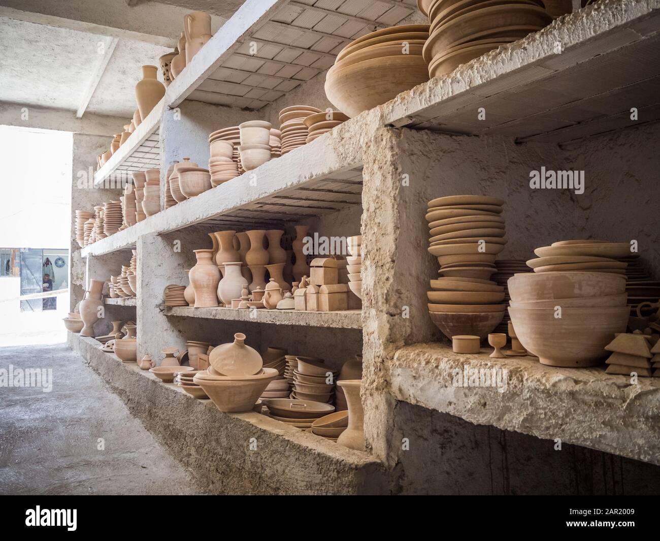 Lot of different kinds of clay pottery in Morocco, North Africa Stock Photo