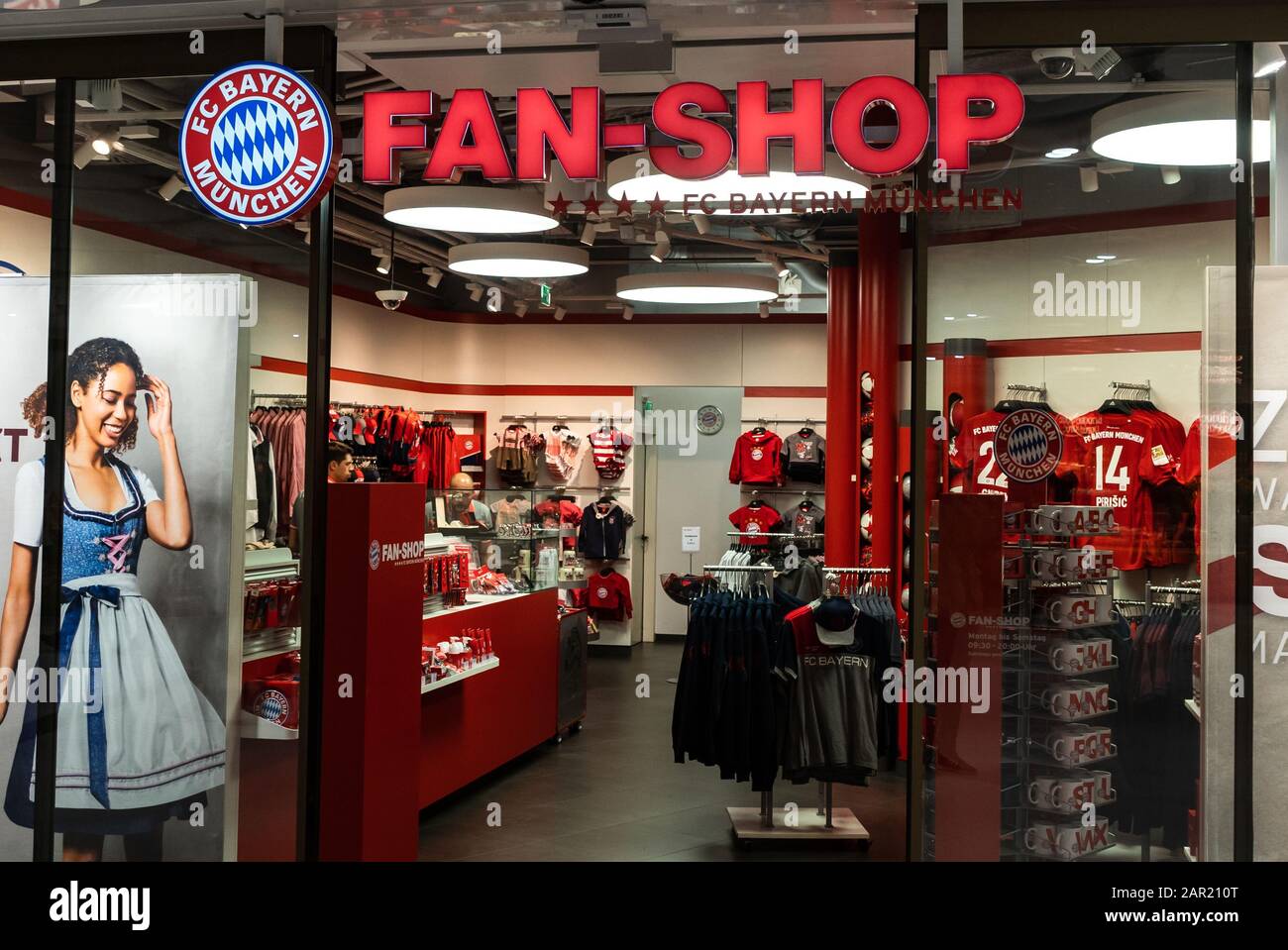 MUNICH, GERMANY - Sep 19, 2019 Fc Bayern Munich fan shop store selling fan clothing for stadium football soccer match in german Bundesliga or interna Stock Photo