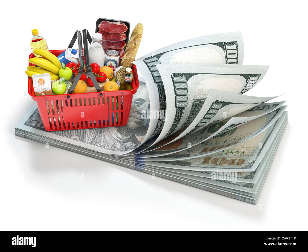 Shopping basket full of foods on pack of dollars. Сonsumer basket value