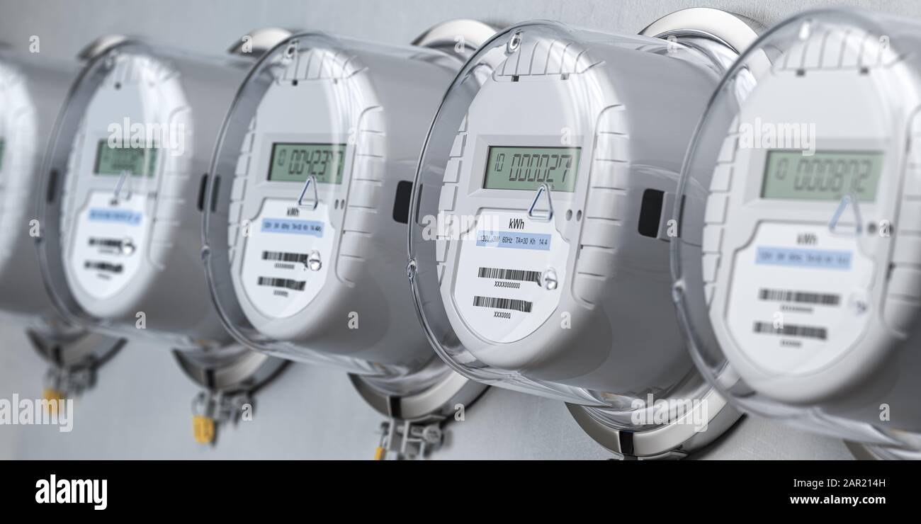 Digital electric meters in a row measuring power use. Electricity