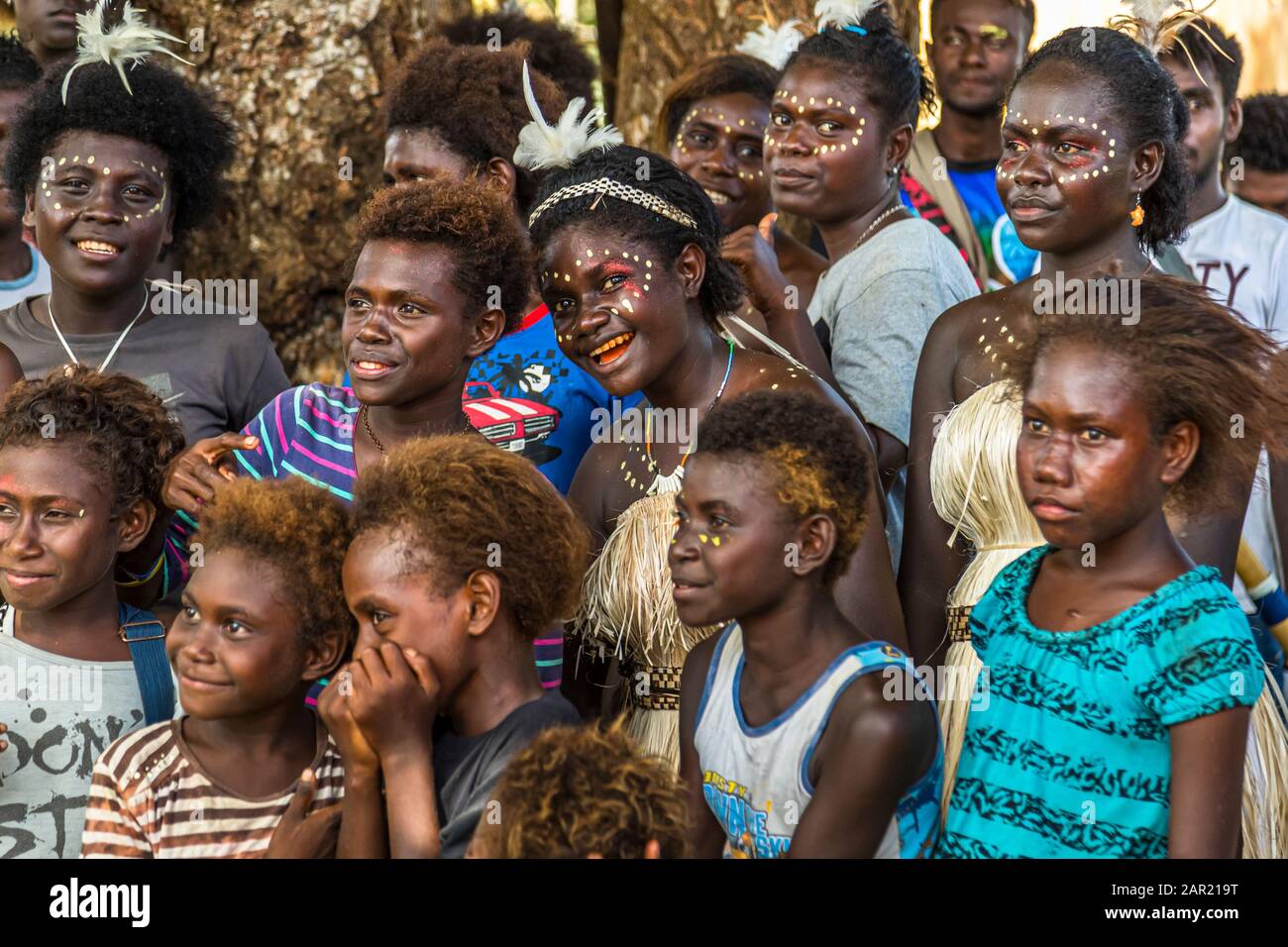 Sing-Sing in Bougainville, Papua New Guinea. Colorful village festival on Bougainville with music and dance. Even the young women on Bougainville are very self-confident Stock Photo