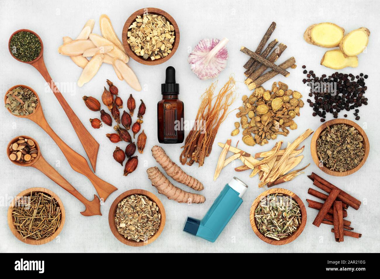 Food and medicine to treat asthma and respiratory diseases with chinese herbal medicine, essential oil and ventilator. Flat lay. Stock Photo