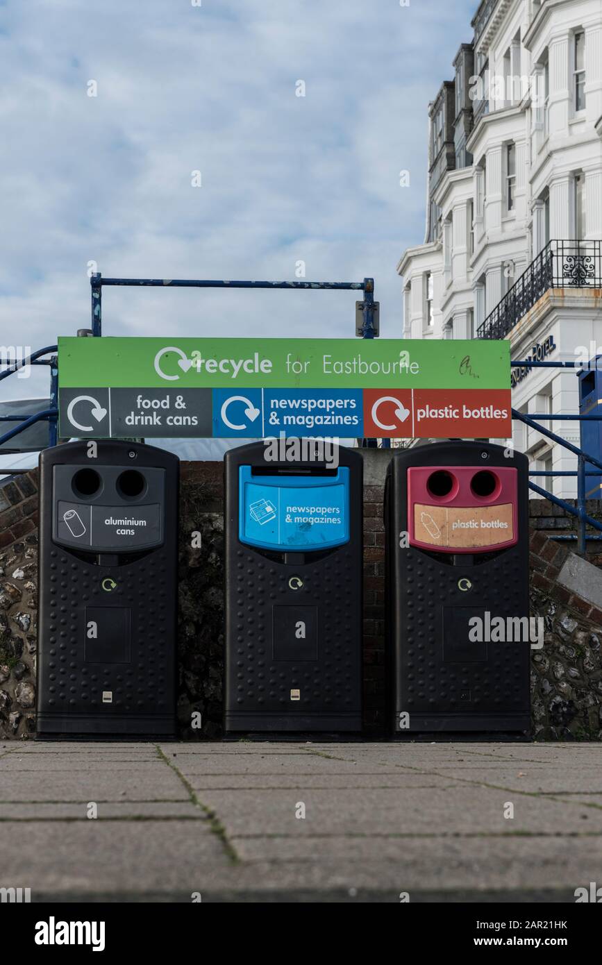 Recycling bins on the seafront at Eastbourne, East Sussex Stock Photo