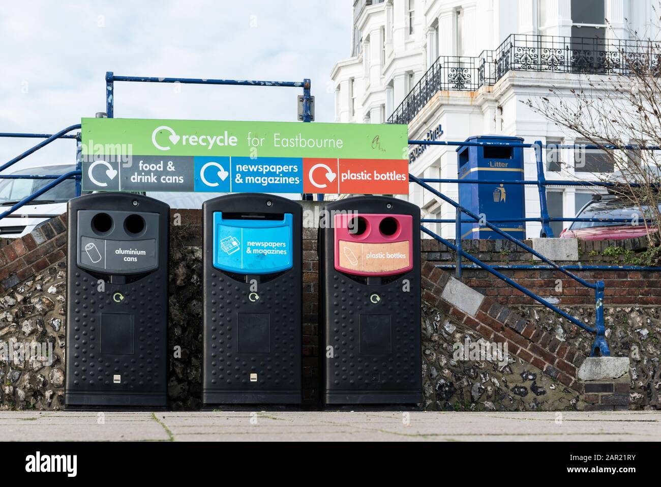 Recycling bins on the seafront at Eastbourne, East Sussex Stock Photo