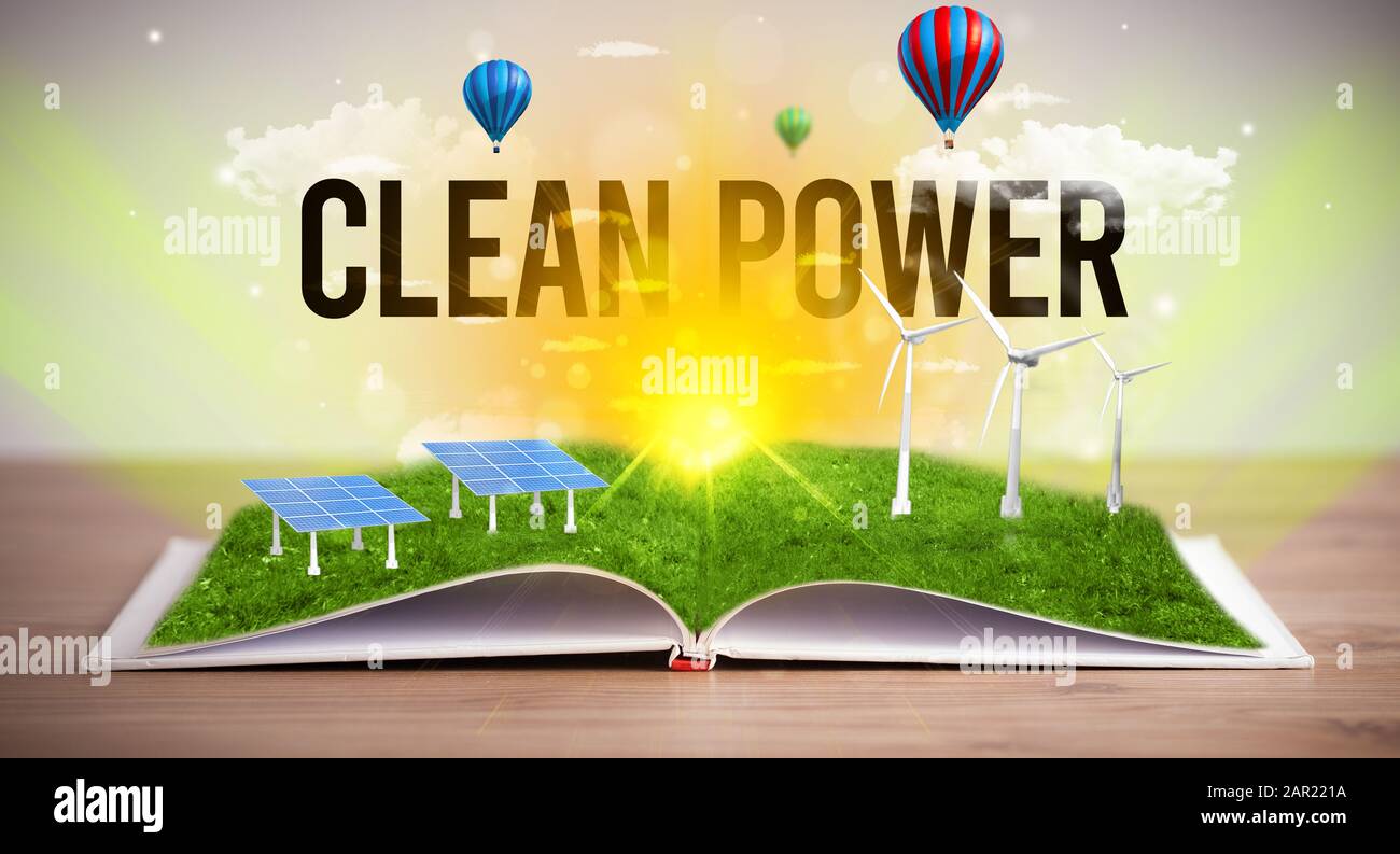 Open book with CLEAN POWER inscription, renewable energy concept Stock Photo