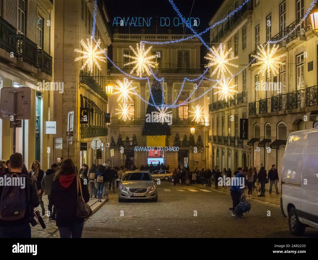 LISBON, PORTUGAL - Dec 12, 2018: Christmas lights in Armazens do in Lisbon downtown Stock Alamy
