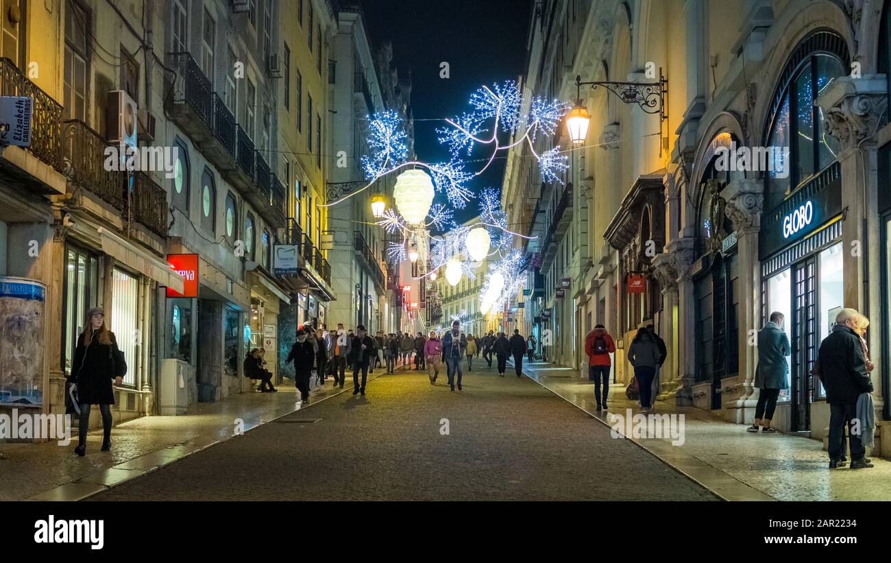 LISBON, PORTUGAL - Dec 12, 2018: Christmas lights in Armazens do Chiado