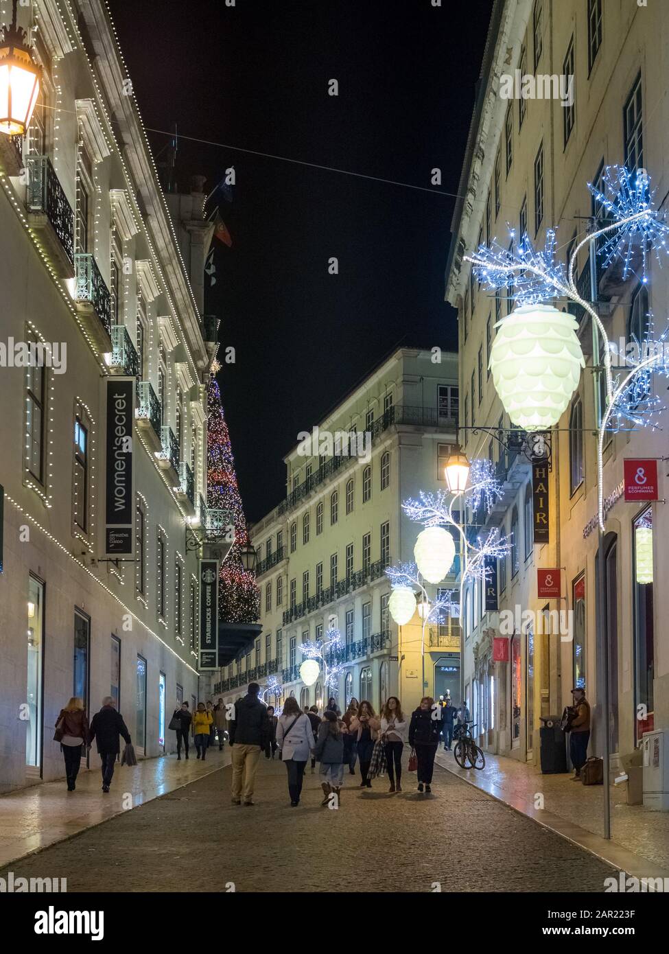 LISBON, PORTUGAL - Dec 12, 2018: Christmas lights in Armazens do Chiado