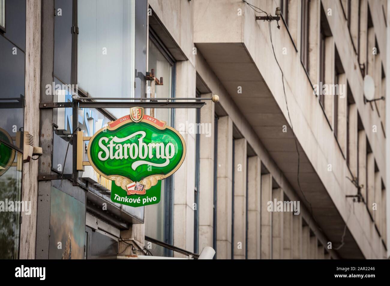 BRNO, CZECHIA - NOVEMBER 4, 2019:  Starobrno logo in front of a local retailer bar. Starobrno is a Czech brand of light lager beer, one of the biggest Stock Photo