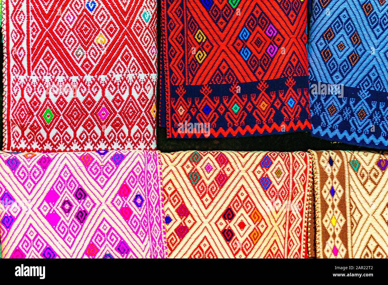Close up view hand-woven shawls, made by Mayan women, in Chiapas, Mexico. Stock Photo
