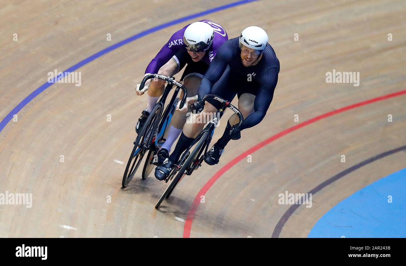 Alex Pratt (right) it shoulder to shoulder with Slingshot's Ali Fielding during the Male Sprint semi-final, on day two of the HSBC UK National Track Championships at the National Cycling Centre, Manchester. Stock Photo