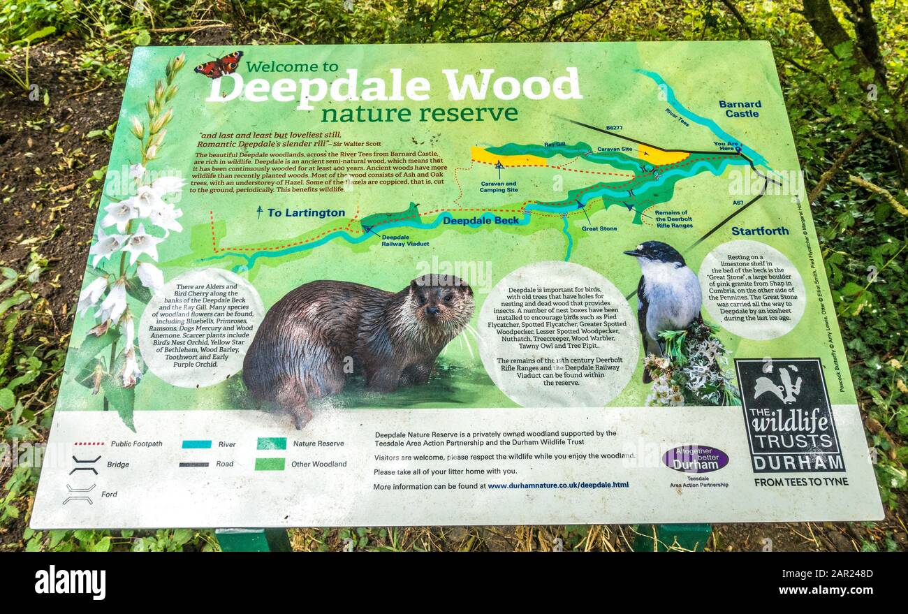 A Welcome to Deepdale Wood nature reserve, information board at the entrance to the wood, near Barnard Castle, Teesdale, County Durham, England, UK. Stock Photo