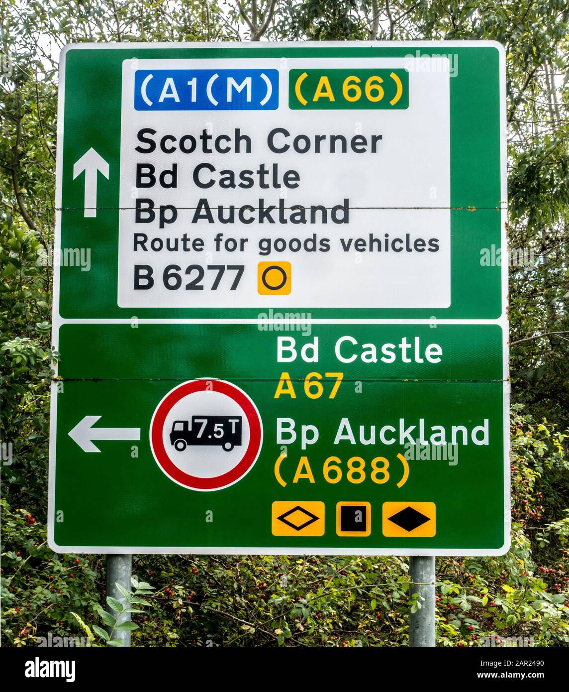 Large road sign in Teesdale, County Durham, England for A1(M), A66, B6277, Scotch Corner, Barnard Castle, Bishop Auckland, route for goods vehicles. Stock Photo