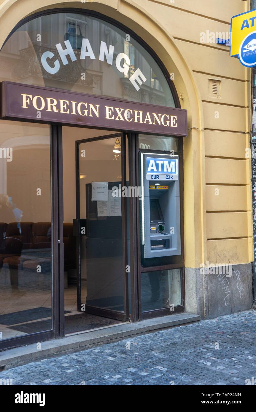 PRAGUE, CZECH REPUBLIC – JANUARY 22 2020: Money exchange office offering 0% commission on their services. Related to recent allegations of scamming by Stock Photo