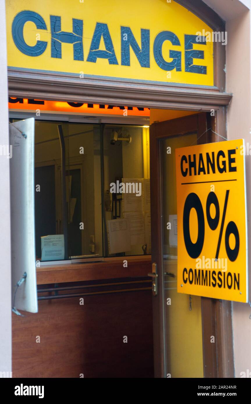 PRAGUE, CZECH REPUBLIC – JANUARY 22 2020: Money exchange office offering 0% commission on their services. Related to recent allegations of scamming by Stock Photo