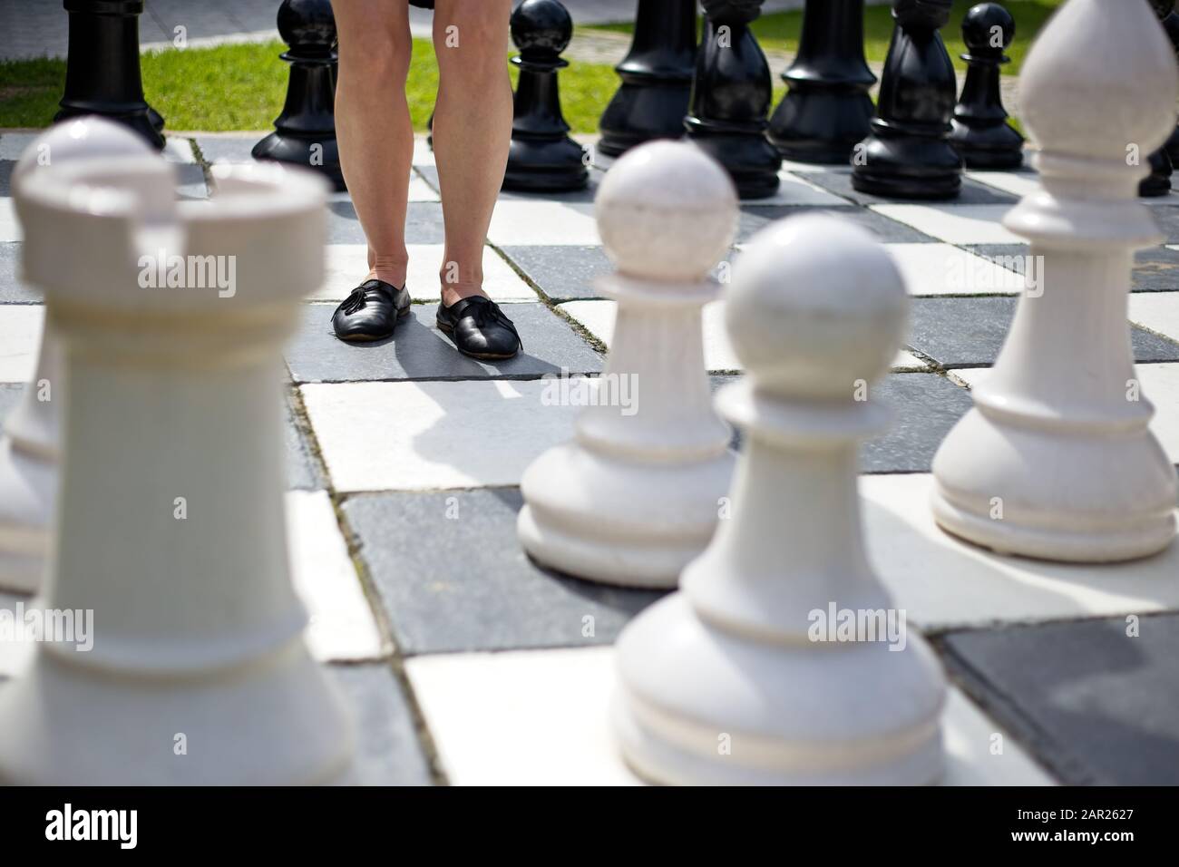 Female standing in the middle of a huge chess board among the chess ...
