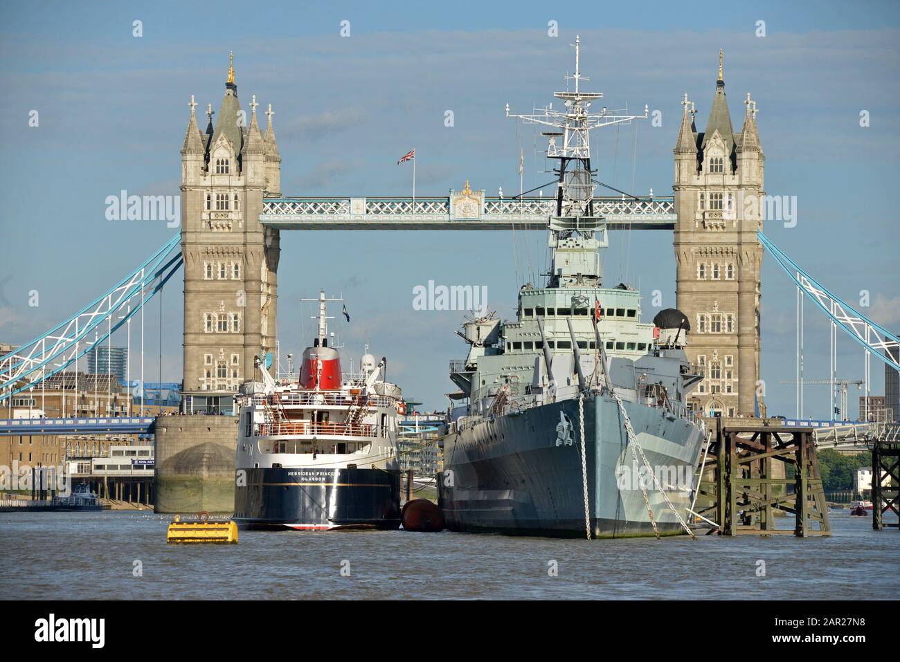 HEBRIDEAN PRINCESS alongside HMS BELFAST in the UPPER POOL, River Thames, LONDON Stock Photo