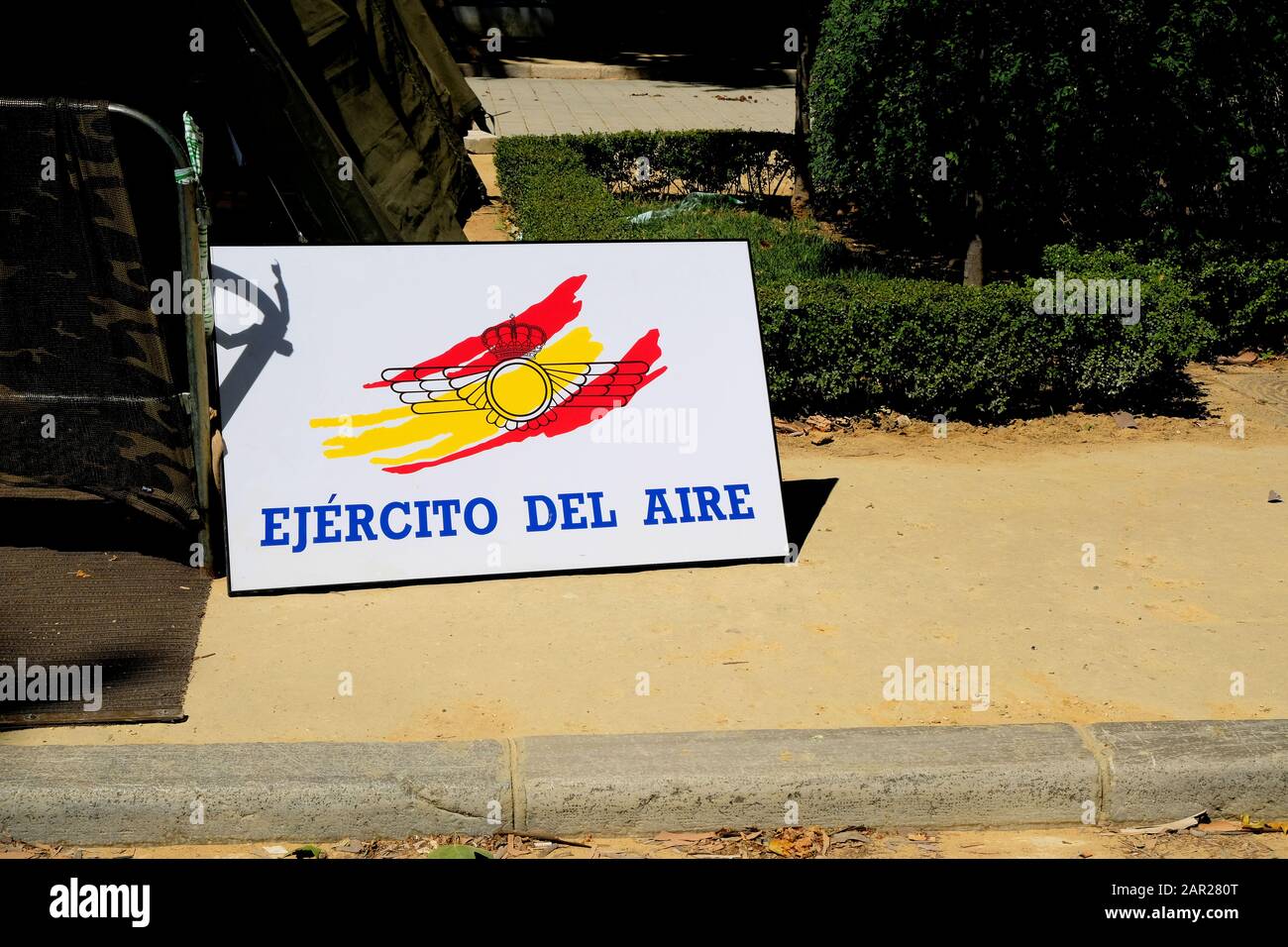 Ejército del Aire sign, for the Spanish air force, at the Armed Forces Day celebration in Sevilla, Spain on June 1, 2019 Stock Photo
