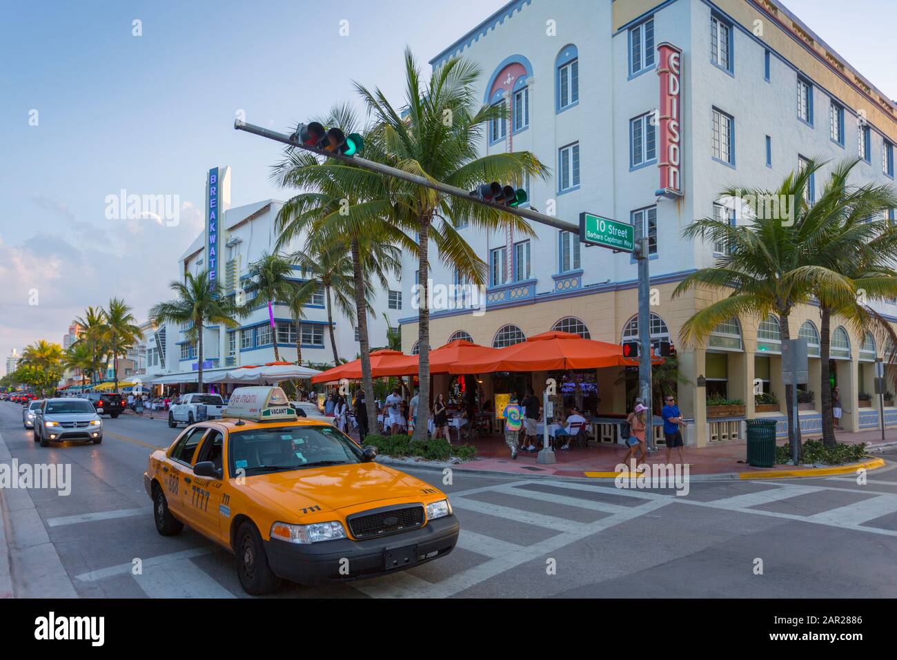 Ocean Drive restaurants and Art Deco architecture at dusk, South Beach